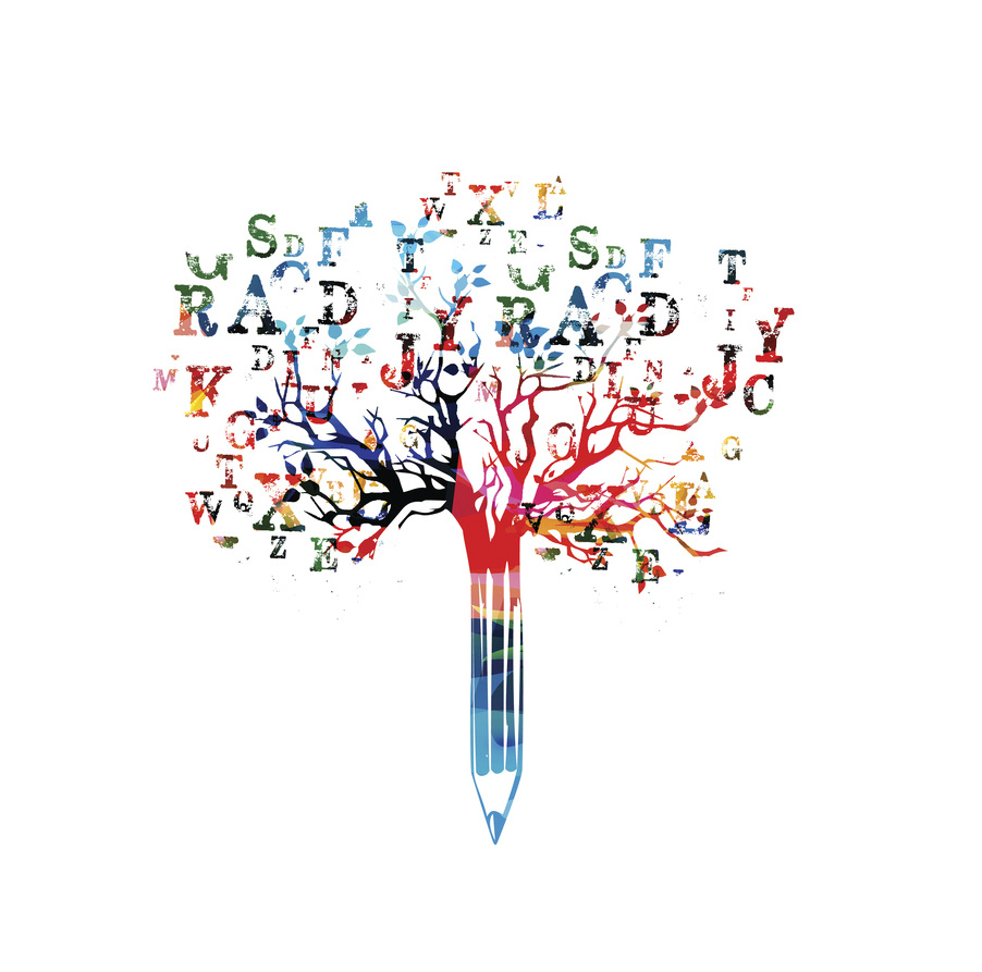 Colorful pencil tree vector illustration with font letters